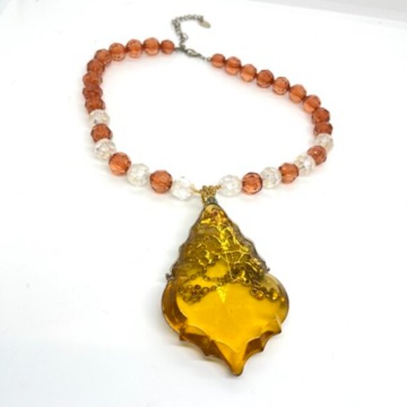 VINTAGE CZECH STYLE WHIMSYGOTH AMBER ACRYLIC FILIGREE NECKLACE FANTASY - Picture 13 of 16